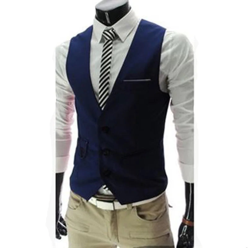 2025 New Men's Slim Fit Grey Dress Vest Casual sleeveless waistcoat for formal or business wear.