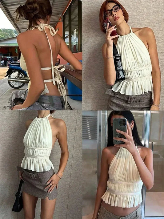 Sexy Backless Pleated Halter Top – Ruffle Hem Y2K Camisole