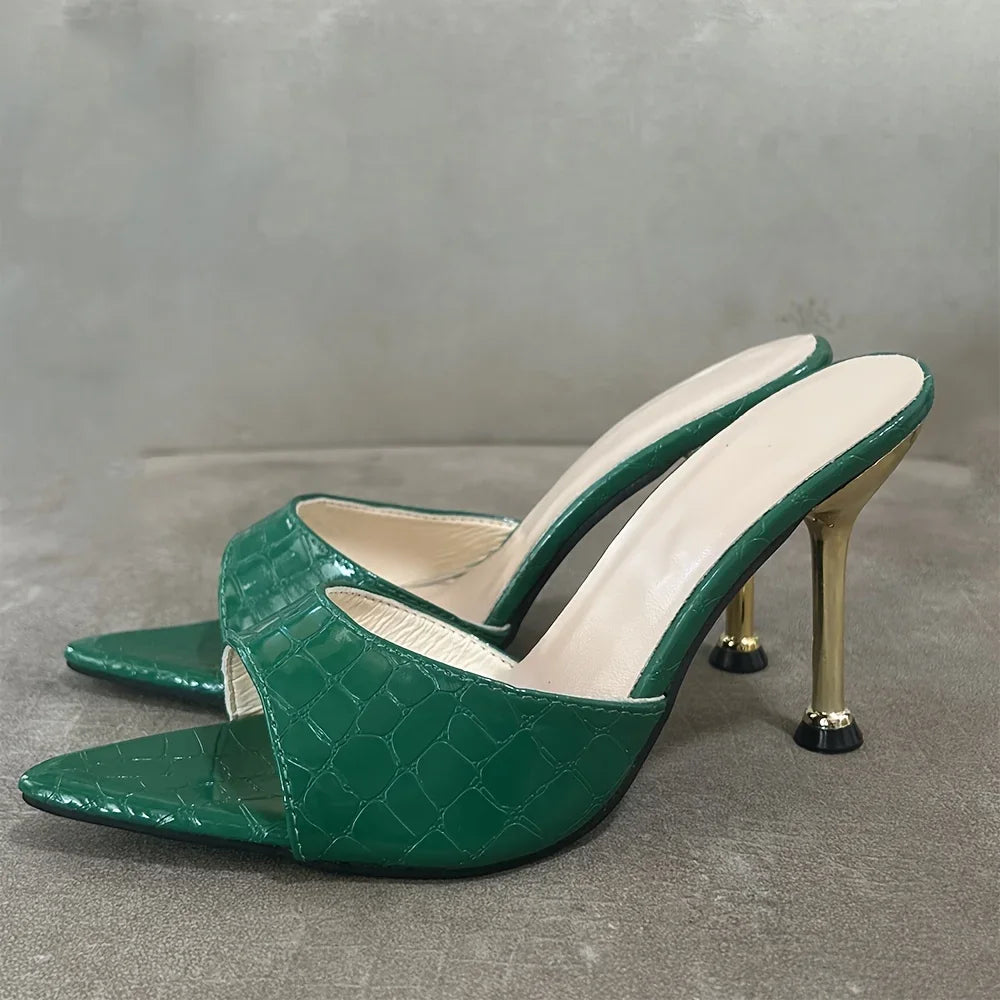 Glam Crocodile-Texture Stiletto Sandals – Chic Slip-On High Heels with Pointed Peep Toe for Parties & Banquets