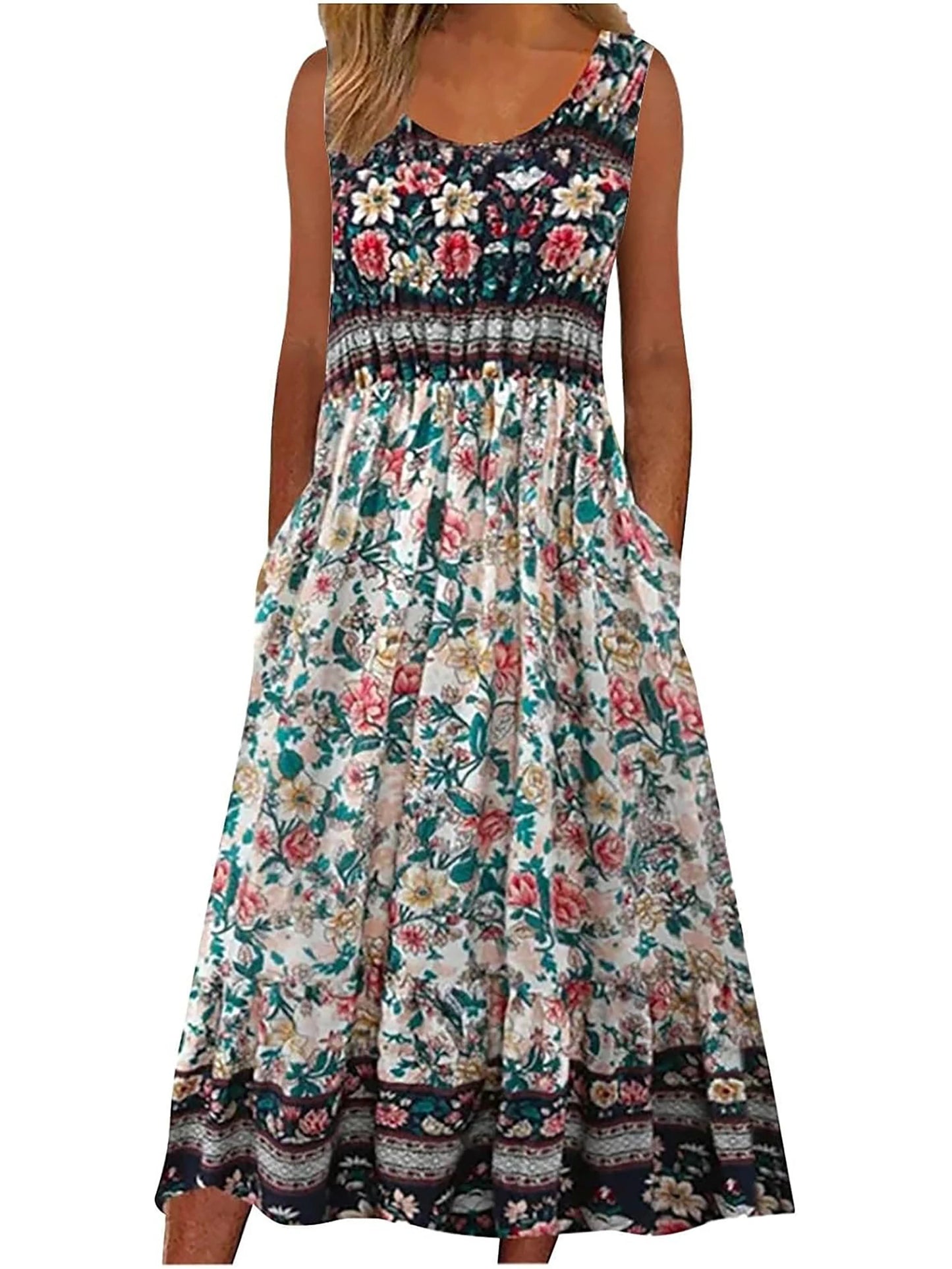 2025 Summer Women's Boho Floral Sleeveless Midi Sundress
