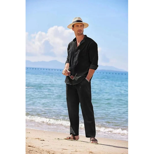 Men's Cotton Linen 2-Piece Set – Casual Beach Shirt & Pants