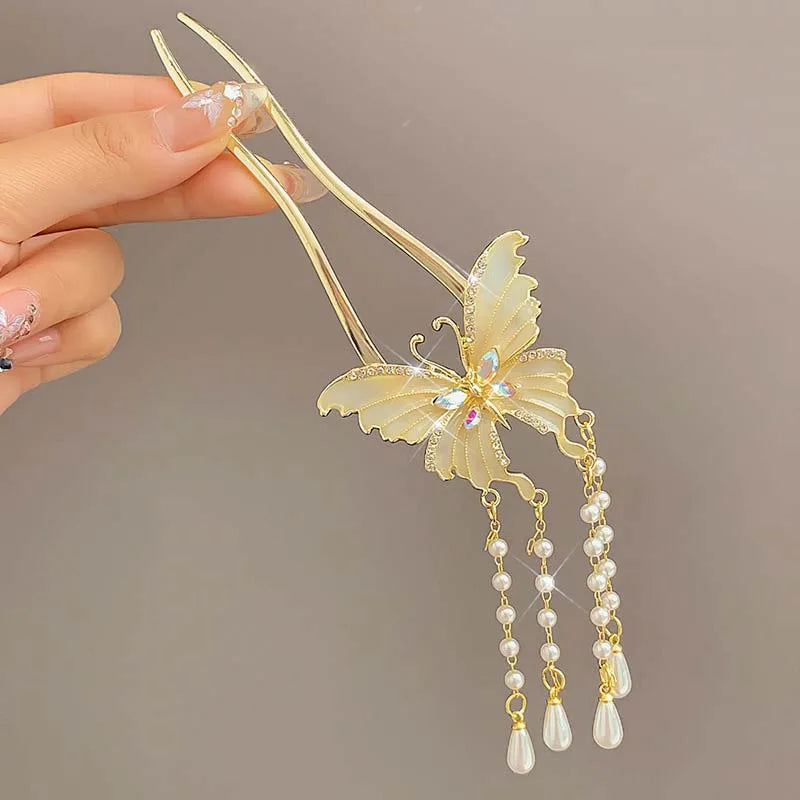 Elegant Chinese Style Floral U-Shaped Hair Clip Tassel Hair Stick Luxury Hairstyle Accessory Women Jewelry Hairpin Hairneedle