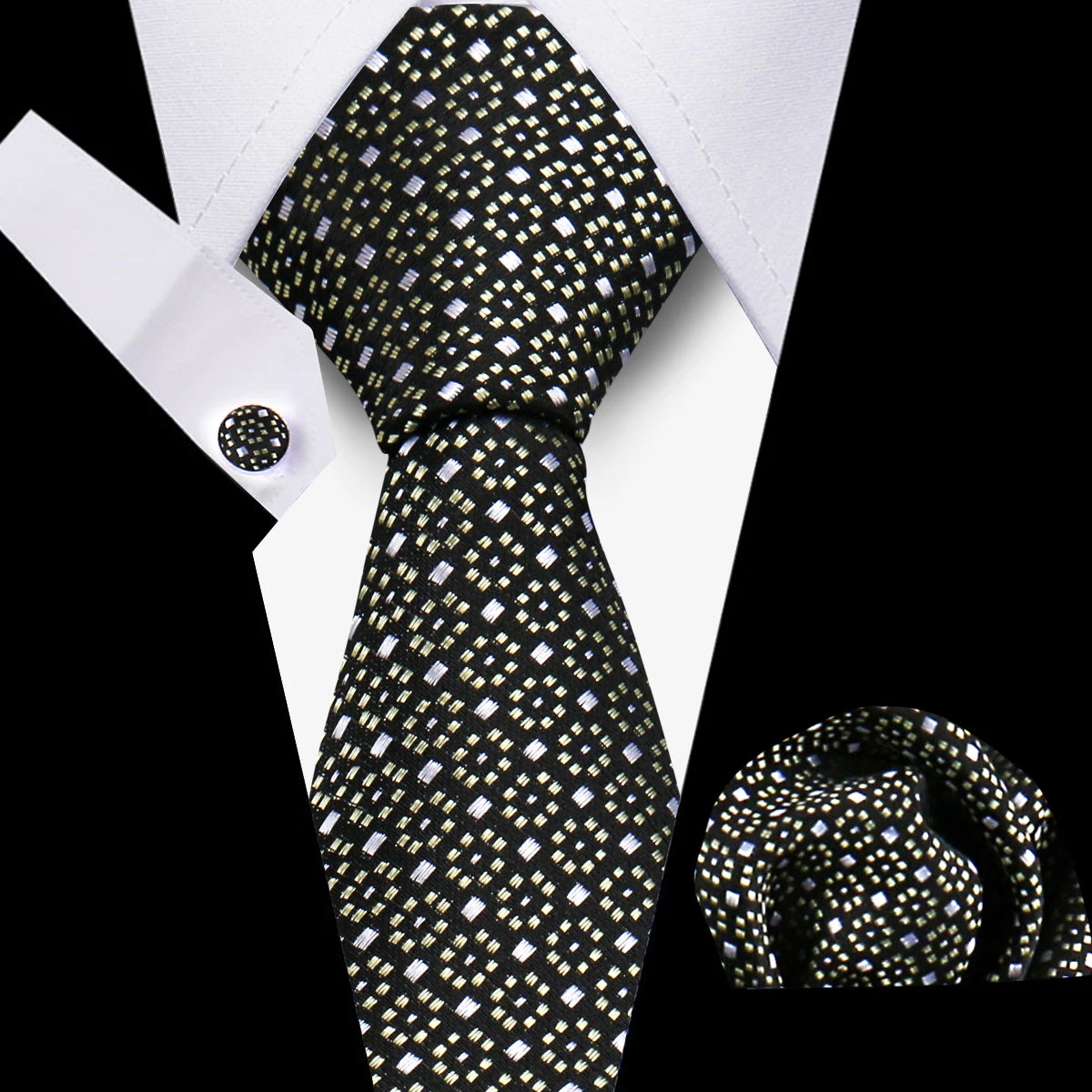 Classic Men’s Tie Set Plaid Necktie with Pocket Square & Cufflinks Business Wedding Gift Accessories