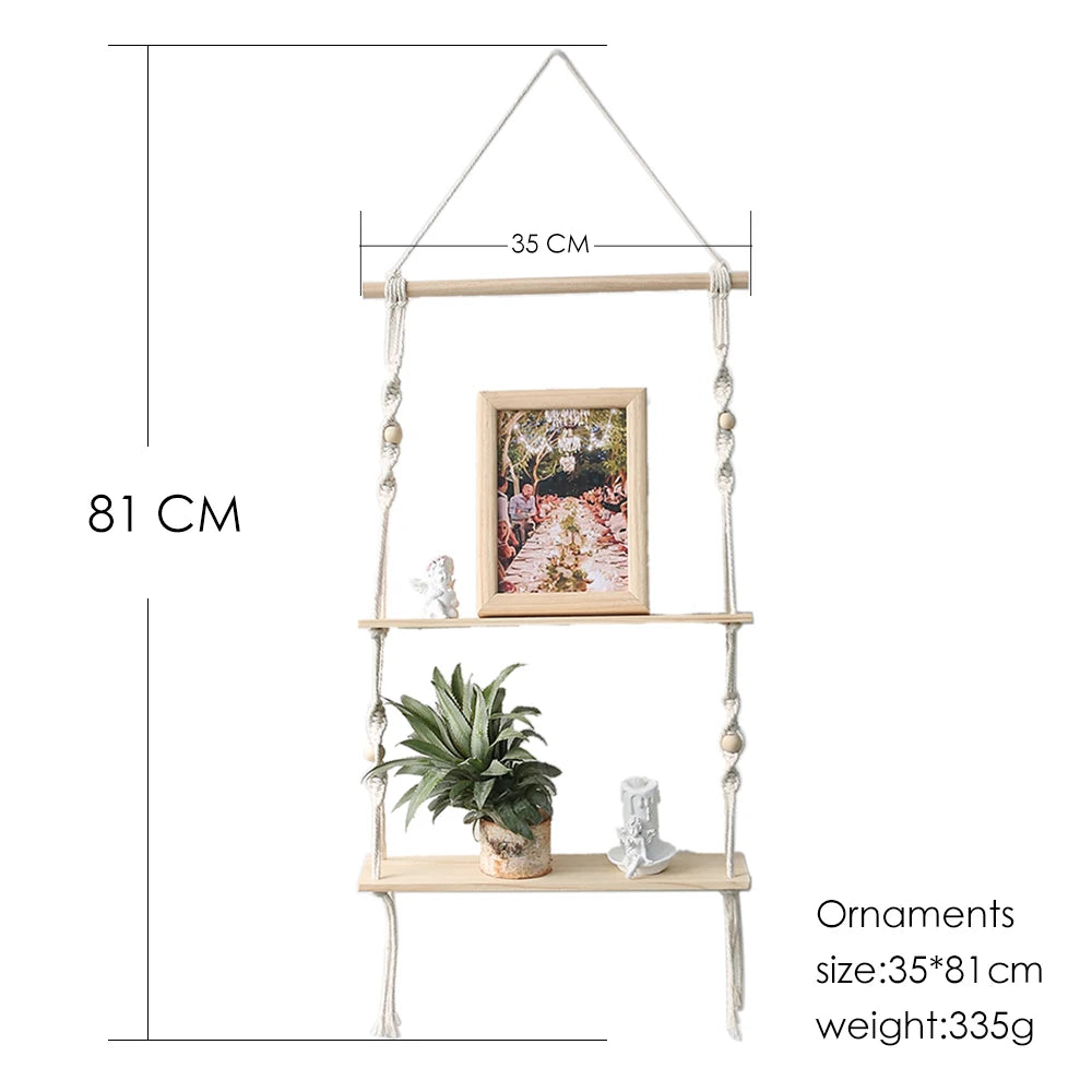 Wooden Macrame Wall Shelf – Boho Floating Display for Home, Living Room, Nursery Décor