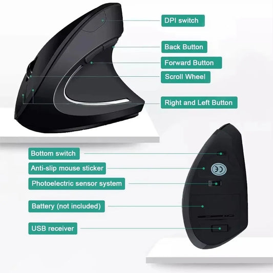 Vertical Ergonomic Wireless Mouse – 2.4GHz Optical, 3 DPI Levels (800/1200/1600), 6 Buttons for Laptop & Desktop