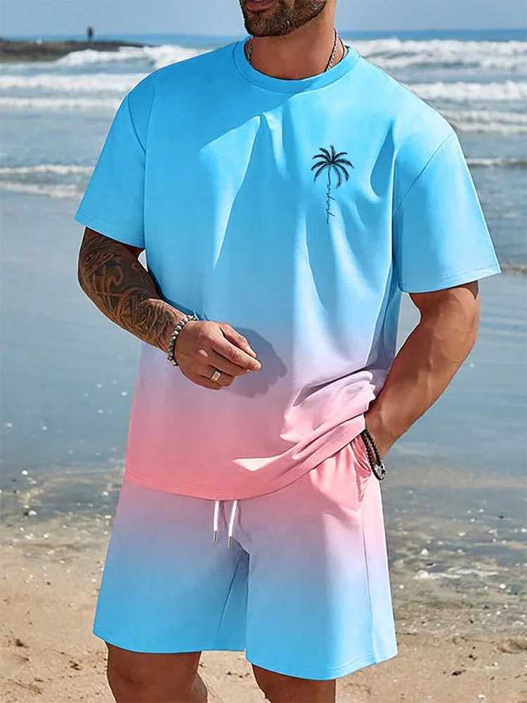 Men's 3D Palm Print Hawaiian Set – Summer Casual T-Shirt & Beach Shorts for Everyday, Vacation, Outdoor Wear