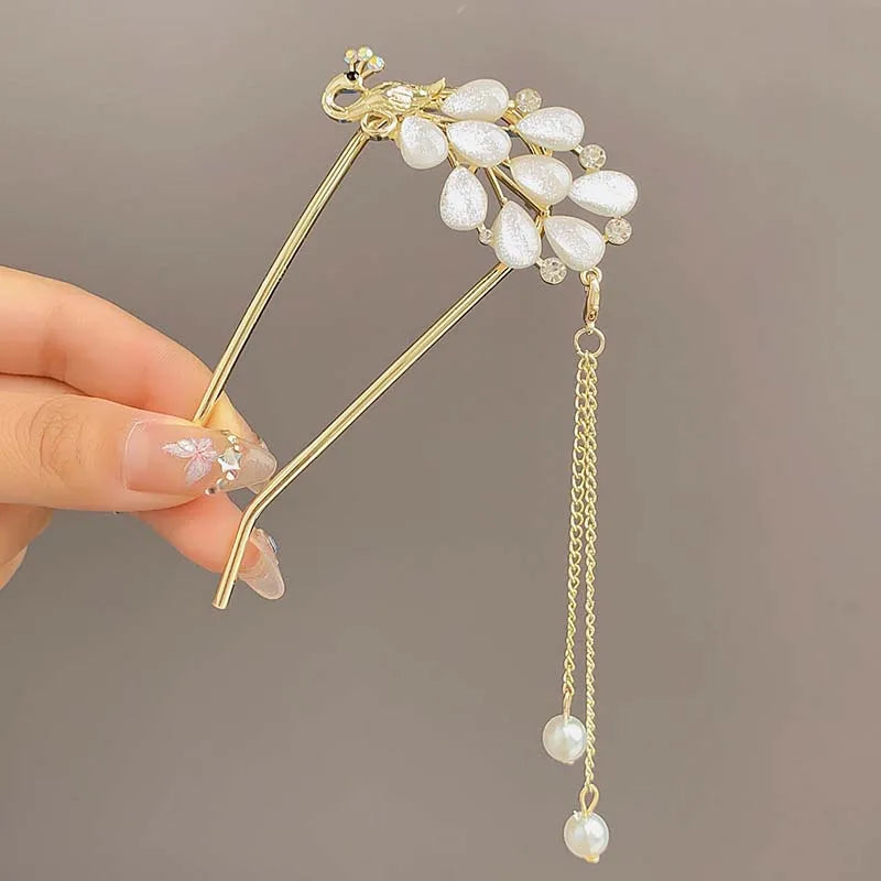 Elegant Chinese Style Floral U-Shaped Hair Clip Tassel Hair Stick Luxury Hairstyle Accessory Women Jewelry Hairpin Hairneedle