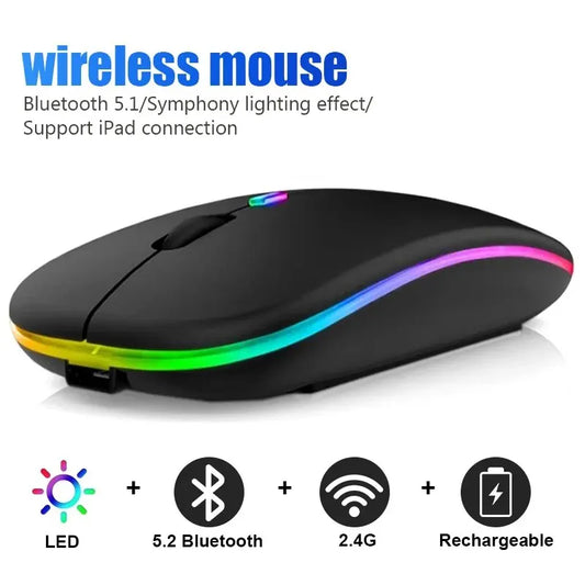 Wireless RGB Rechargeable Bluetooth Mouse — LED Backlit Ergonomic Gaming Mouse for Laptop & PC, 3600 DPI