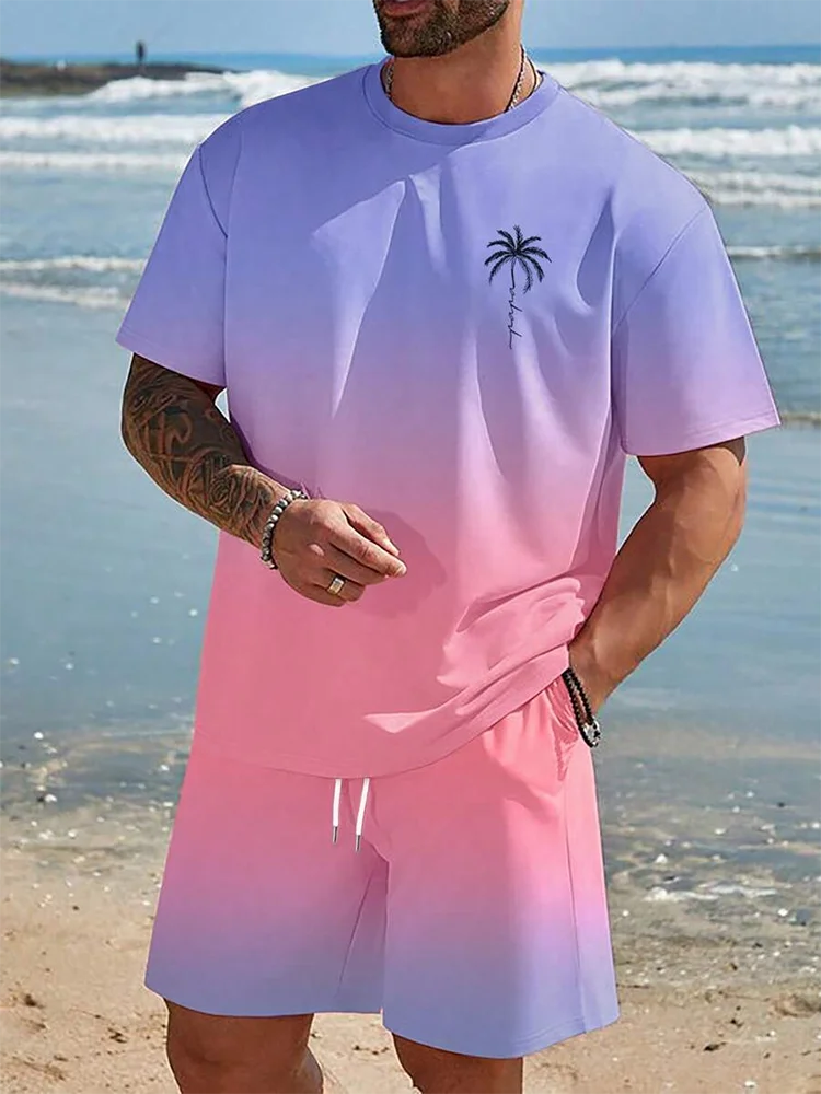 Men's 3D Palm Print Hawaiian Set – Summer Casual T-Shirt & Beach Shorts for Everyday, Vacation, Outdoor Wear