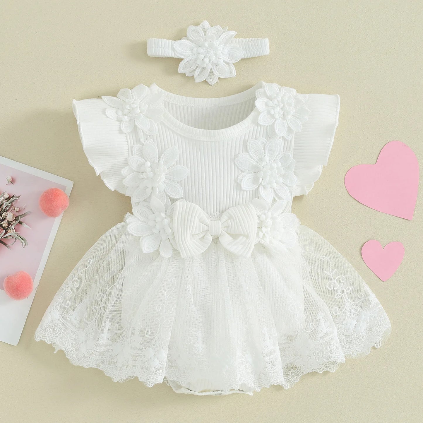 Baby Girl Lace Dress— Tulle Dress Bodysuit with Headband, Spring/Summer Outfit
