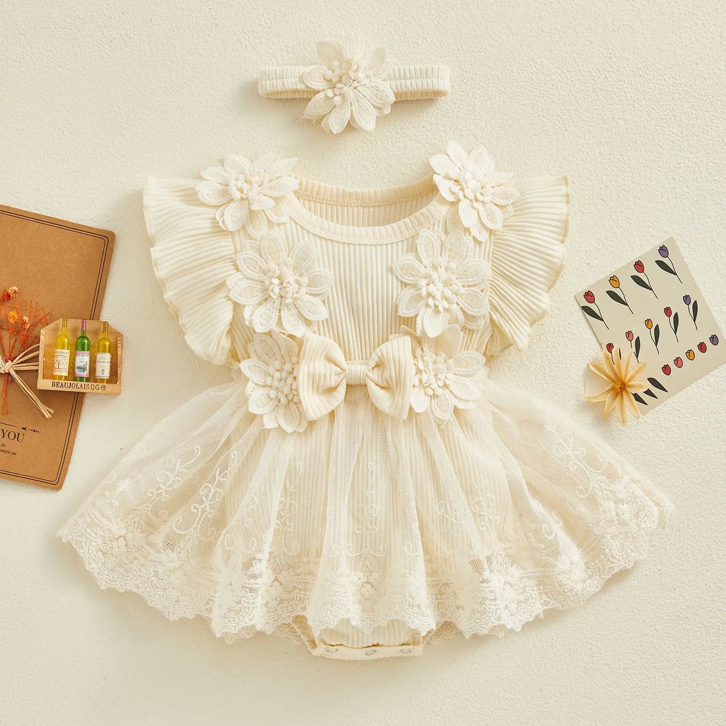 Baby Girl Lace Dress— Tulle Dress Bodysuit with Headband, Spring/Summer Outfit