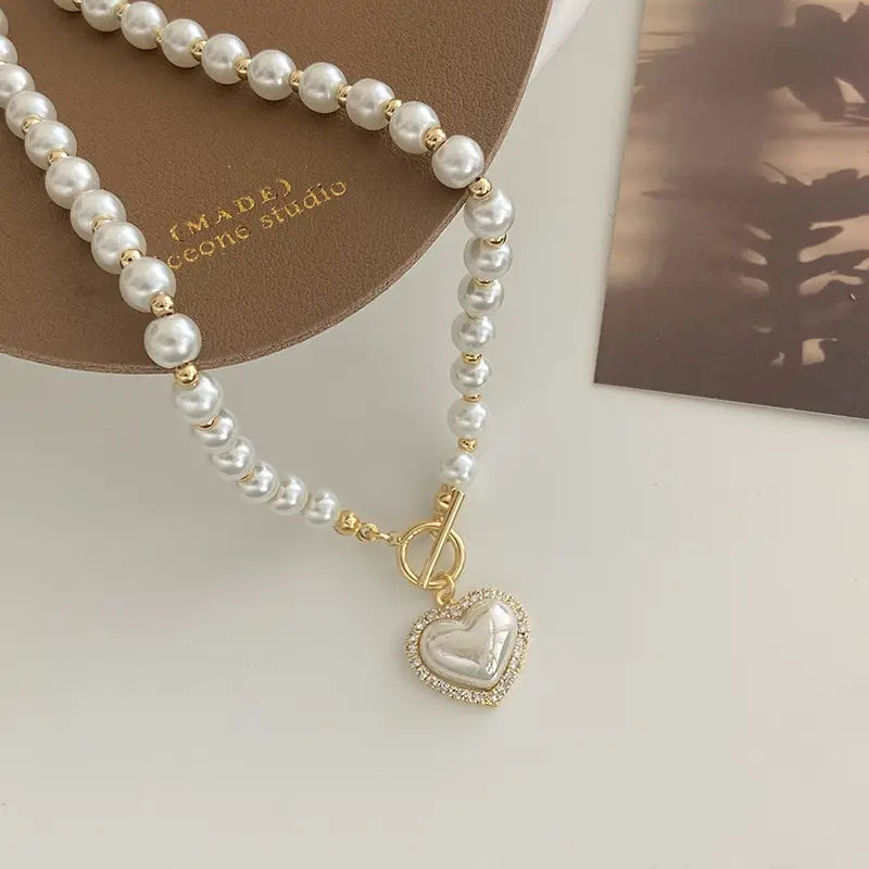 Elegant Heart Pearl Necklace for Women – Luxury Korean-Inspired Jewelry, Imitation Pearls, Ideal Gift for Girls