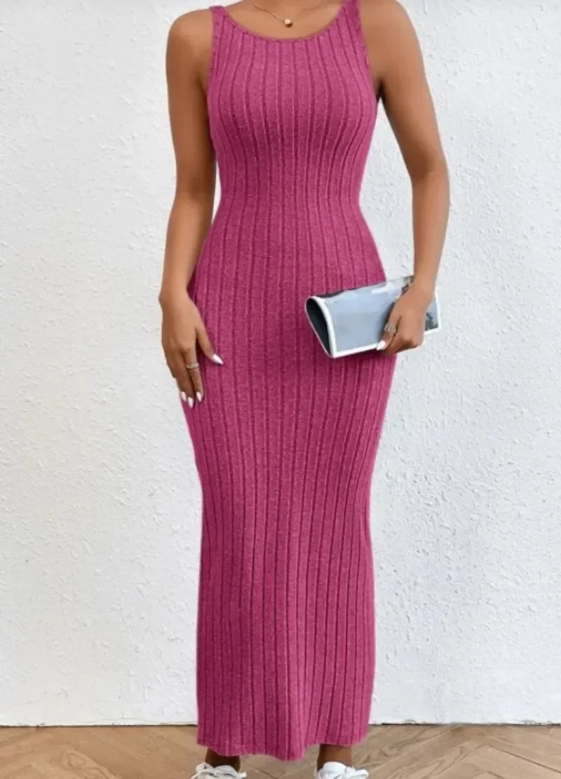 2025 Summer Backless Knit Bodycon Dress – Sleeveless, O-Neck, Casual Beach Vacation Sundress