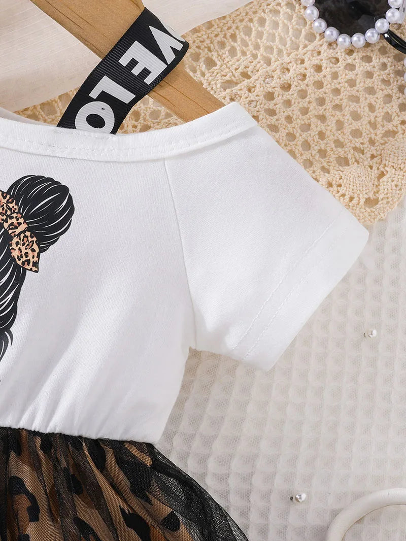 Trendy summer dress with leopard print and mesh patchwork for girls aged 1–5 years.