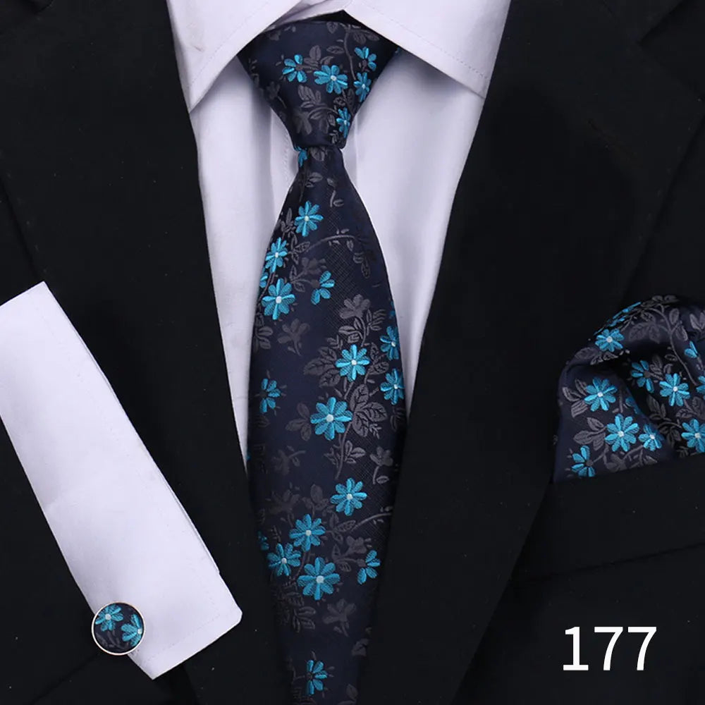 Classic Men’s Tie Set Plaid Necktie with Pocket Square & Cufflinks Business Wedding Gift Accessories