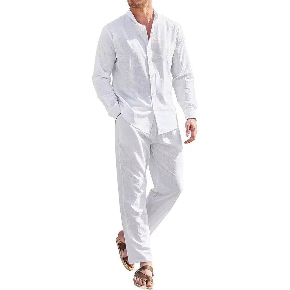 Men's Cotton Linen 2-Piece Set – Casual Beach Shirt & Pants