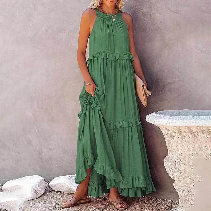 Women’s Casual Solid Ruffle Maxi Dress – Sleeveless Summer Beach Sundress, Elegant Party Vestido