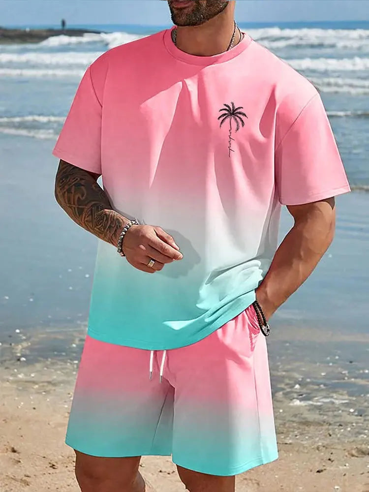 Men's 3D Palm Print Hawaiian Set – Summer Casual T-Shirt & Beach Shorts for Everyday, Vacation, Outdoor Wear