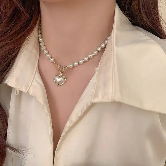 Elegant Heart Pearl Necklace for Women – Luxury Korean-Inspired Jewelry, Imitation Pearls, Ideal Gift for Girls