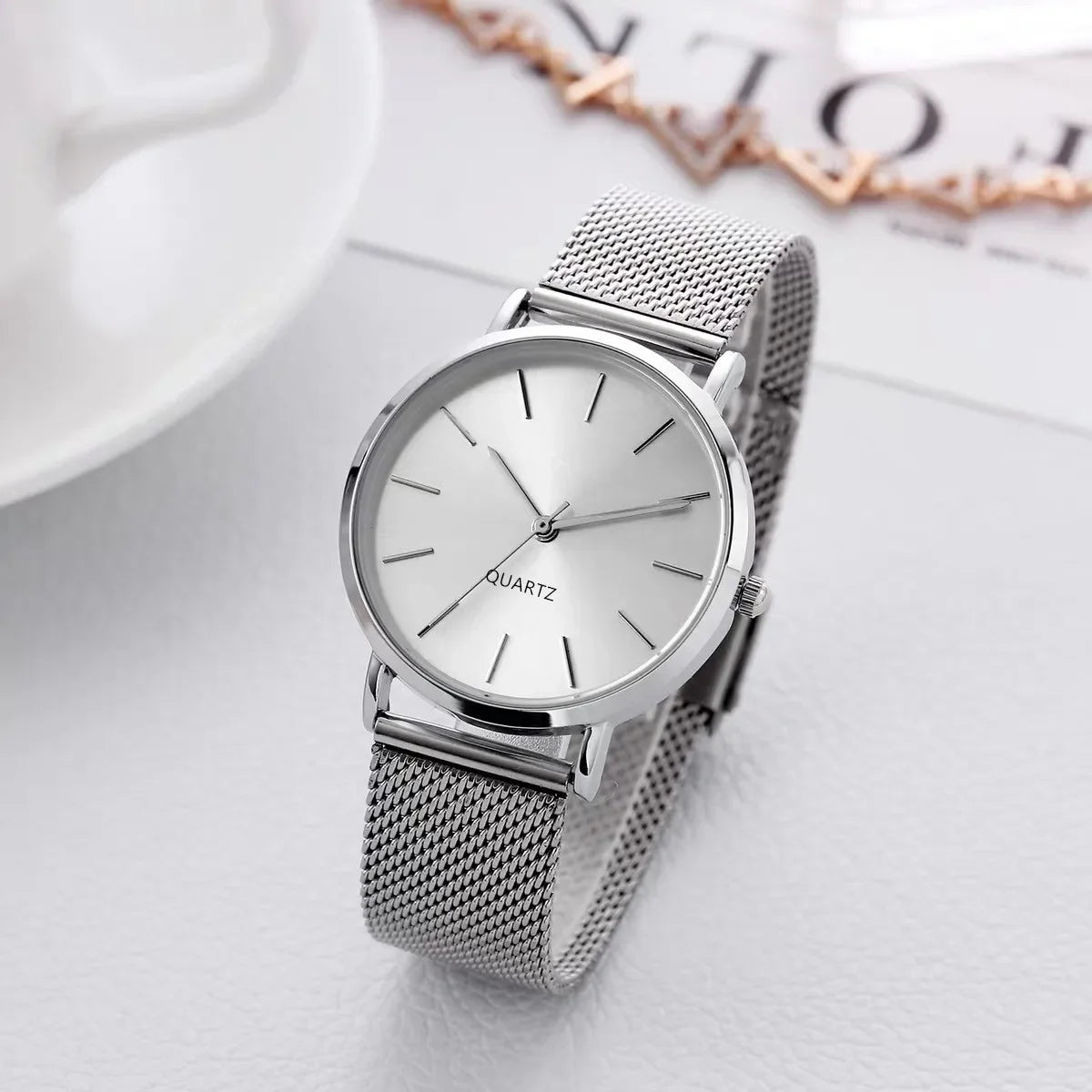 Fashion Women’s Quartz Watch Luxury Silver Mesh Strap Elegant Analog Wristwatch Relogio Feminino