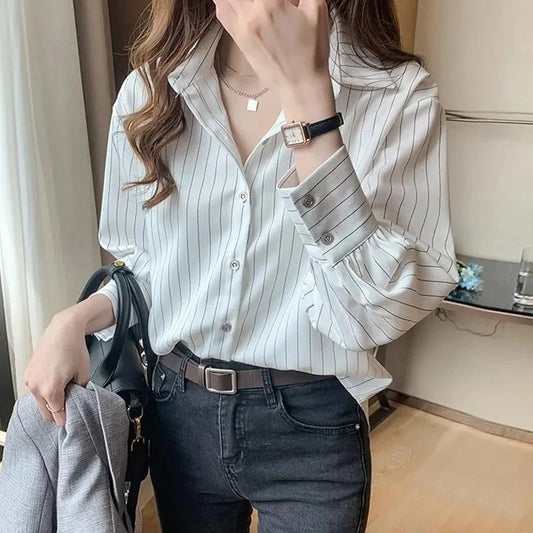 Women’s Striped Summer Shirt – Vintage Chic Loose Long Sleeve Blouse