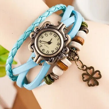 Vintage Leather Bracelet Watch – Butterfly & Clover Pendant