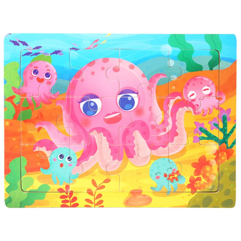 12-Piece Wooden Animal Jigsaw Puzzle – Montessori Educational Toy for Baby or Kids
