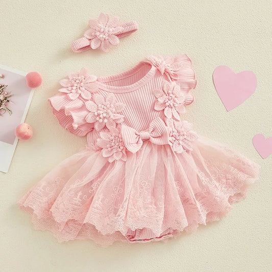 Baby Girl Lace Dress— Tulle Dress Bodysuit with Headband, Spring/Summer Outfit