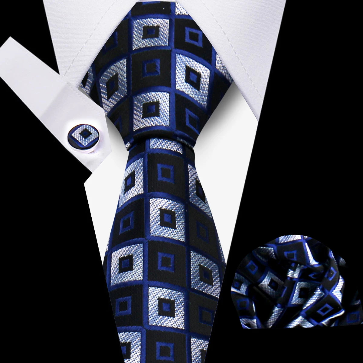 Classic Men’s Tie Set Plaid Necktie with Pocket Square & Cufflinks Business Wedding Gift Accessories