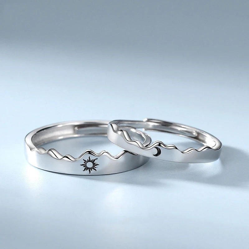 New Silver Sun & Moon Adjustable Couple Rings – Unisex Wedding Jewelry