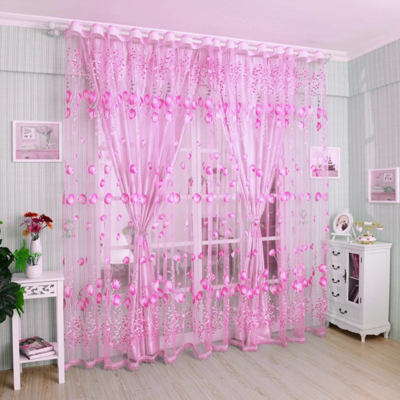 Sheer Tulip Print Curtains – Voile Tulle Window Drapes for Bedroom, Living Room, Kitchen & Balcony
