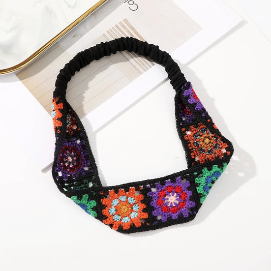Boho Crochet Turban Headband – Vintage Floral Knit Hair Scarf for Women