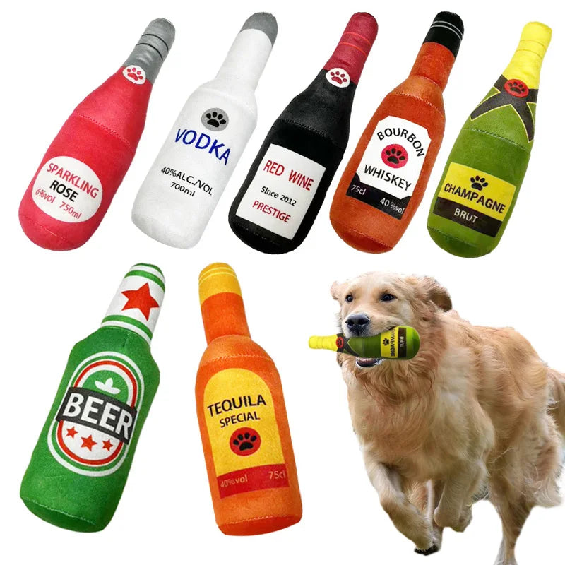 Plush Beer Bottle Dog Toy – Squeaky, Chew, Interactive Play for Small & Large Dogs