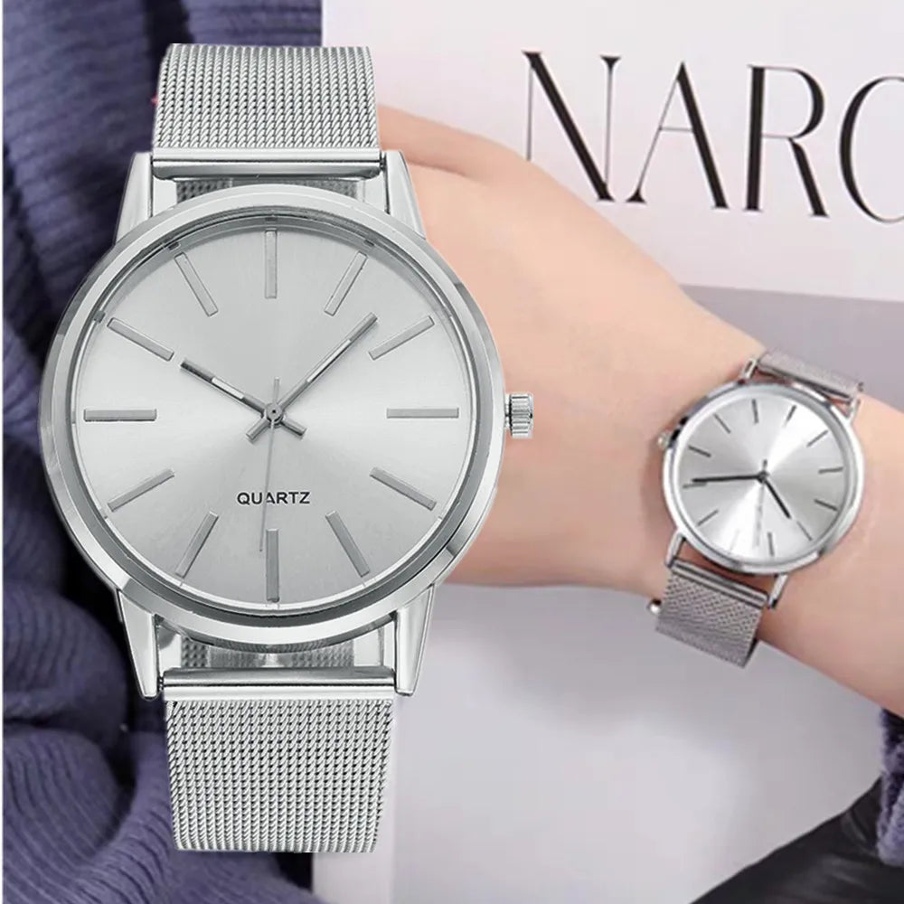 Fashion Women’s Quartz Watch Luxury Silver Mesh Strap Elegant Analog Wristwatch Relogio Feminino