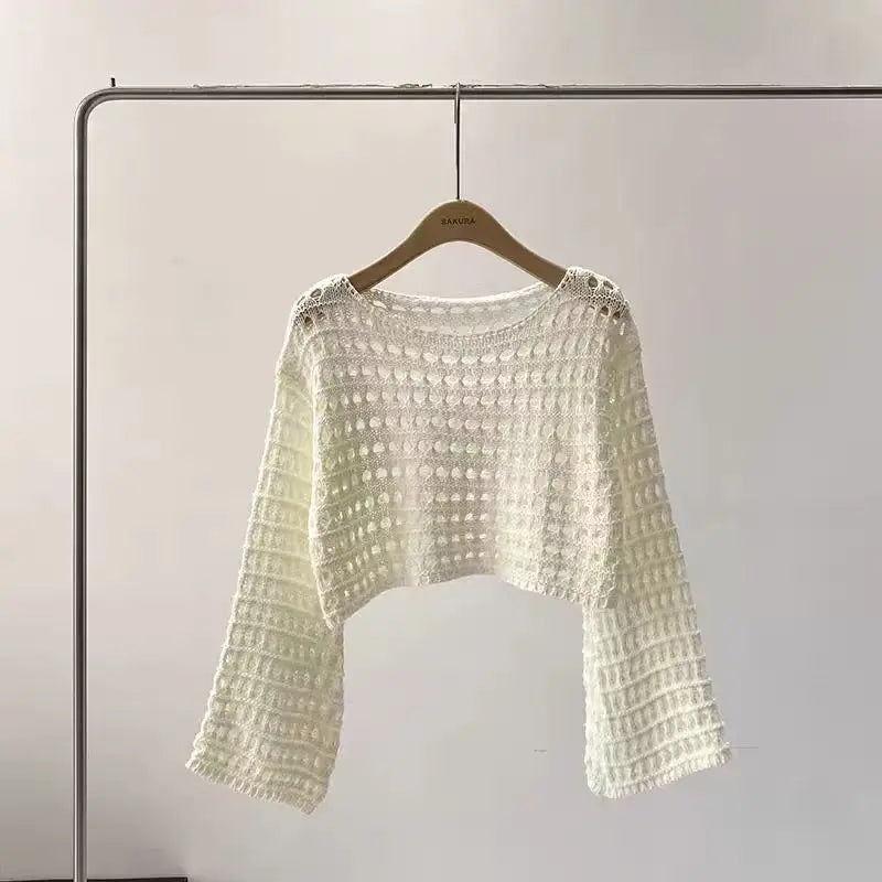 Women’s Long Sleeve Crochet Knit Top – Boho Beach Cover-Up