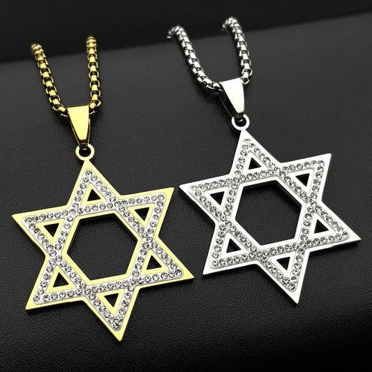 Israel Hexagram Star of David Pendant Necklace – Stainless Steel with Rhinestones, Unisex