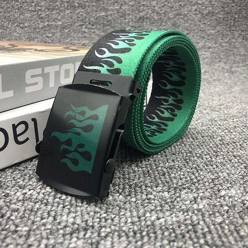 Creative European American Flame Pattern Nylon Waist Belt – Adjustable & Wide Fit