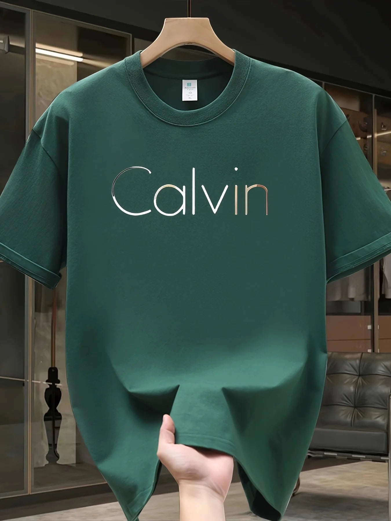 Men's Summer 100% Cotton Loose-Fit Calvin Print Casual Sports Tee, Round Neck, Short Sleeve.