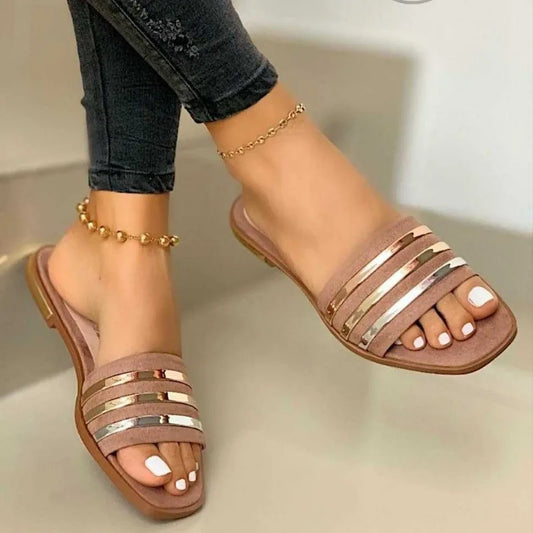 Women's Summer Slip-On Sandals – Metal Striped Flats, Casual Outdoor Slides, Sizes up to 43