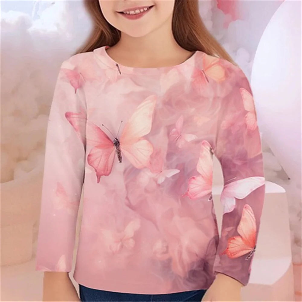 Girls' 3D Butterfly Print Long-Sleeve T-Shirt – Casual Spring/Fall Kids' Top
