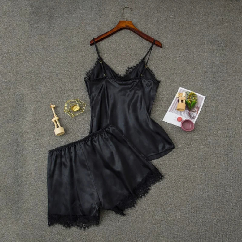Women’s Satin Pajama Set – V-Neck Lace Baby doll with Bowknot & Sleep Shorts Lingerie