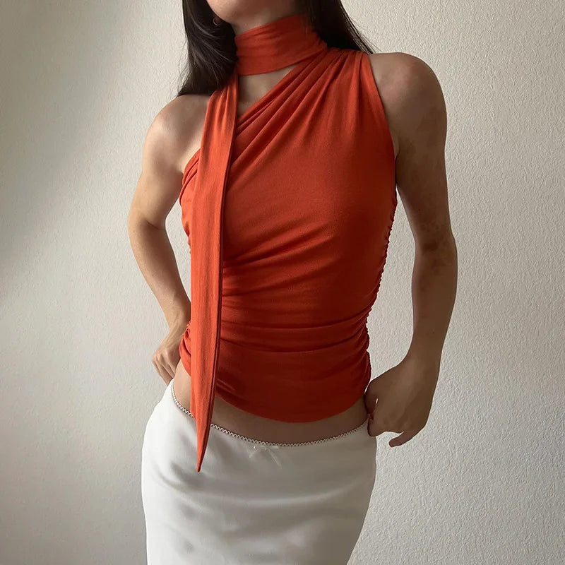 Women’s Backless Halter Crop Top – Sexy Off-Shoulder Sleeveless Y2K Clubwear, Summer 2024
