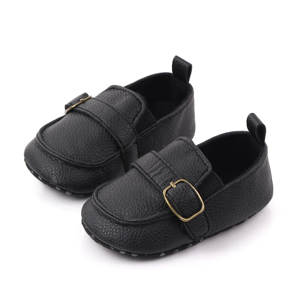 Fashion Infant Crib Shoes — PU Leather Loafers for Baby Boys, Anti-Slip Soft Sole, Black