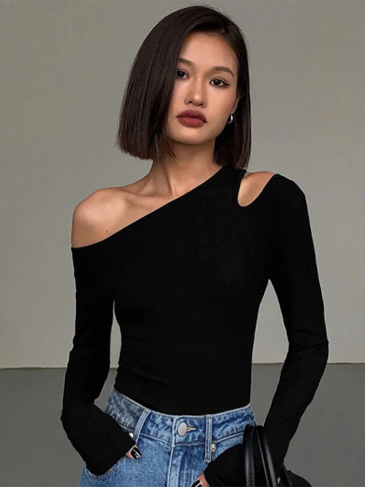 Skew Collar Off-Shoulder Slim Crop Top – Long Sleeve Hollow Out Tee for Women