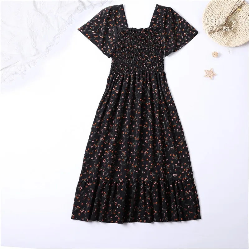 Elegant Korean Summer Floral Dress Style- with Square Neckline, Ruffle Details & Elastic Waist