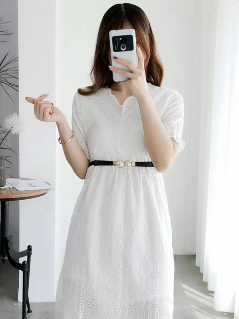 Elegant Double Pearl Buckle Elastic Belt – Thin Strap Waistband for Dresses & Skirts