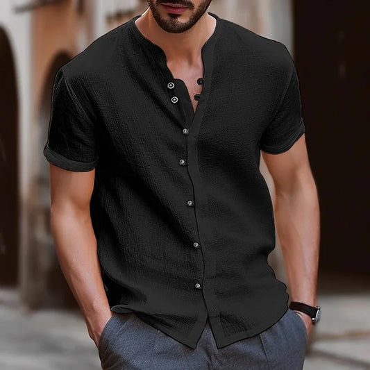 Men's Collarless Polo Shirt — Casual Beach Style Short Sleeve Top