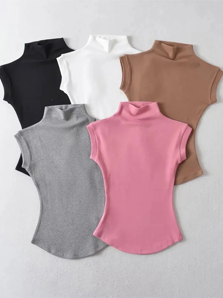 Women's Sleeveless Turtleneck Tops – Slim Fit, Solid, Casual Summer Streetwear