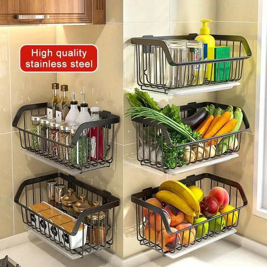 Stainless Steel Kitchen Storage Basket – Wall-Mounted Organizer for Fruits, Vegetables, Spices & Dishes