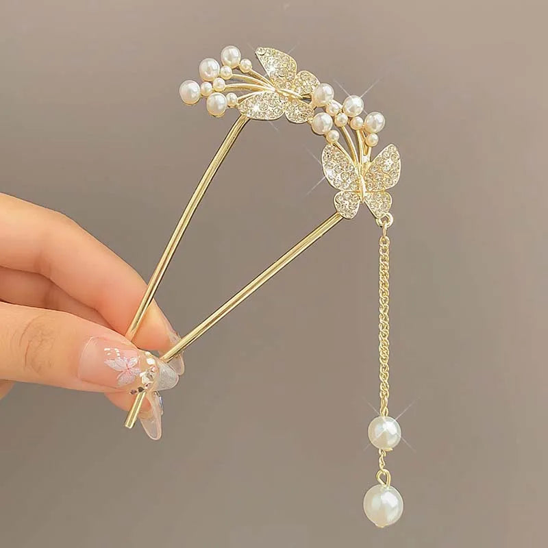 Elegant Chinese Style Floral U-Shaped Hair Clip Tassel Hair Stick Luxury Hairstyle Accessory Women Jewelry Hairpin Hairneedle